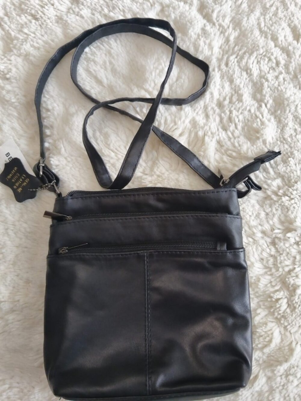 Bentley Black Genuine Leather Crossbody Bag Multi-Zipper Messenger - NWT